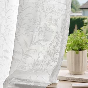 Anmao White Semi Sheer Light Filtering Curtains 72 Inches Long 2 Panels, Leaf Pattern Drapes for Living Room Bedroom, Rod Pocket Sheer Window Treatments with Floral Design, 52x72 Inch
