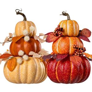 2Pcs 14" Large Stacked Pumpkin Tower Decor, Light Yellow & Orange Hard Foam Artificial Pumpkin Topiaries with Maple Leaves Wheat, Fall Ornament for Halloween Thanksgiving Table Porch Decor