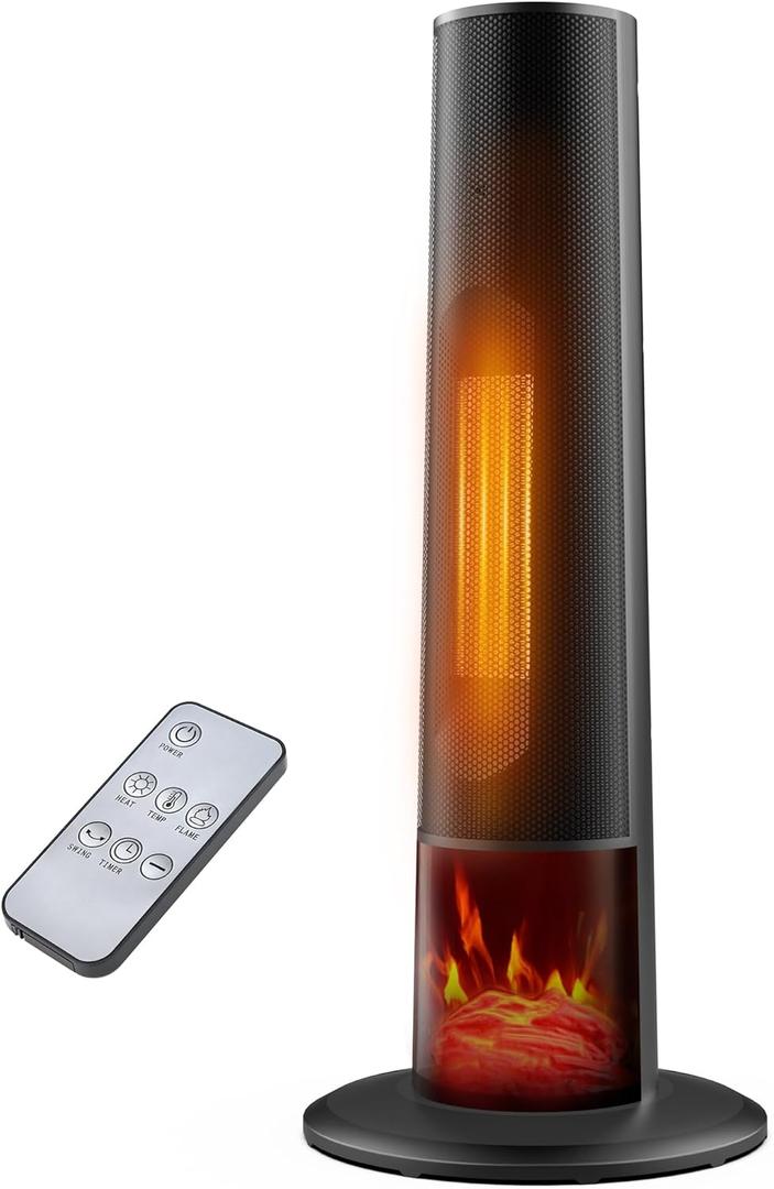 Tower space heater with fireplace - Electric Space Heater Large Room with 3D Flame, Portable Tower Space Heaters for Office, Bedroom, 2 Modes, Thermostat, Tip-over Protection, Oscillation (Black)