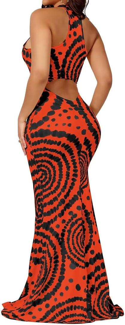 EDITCOZY Women Sexy Bodycon Maxi Dress Beach Backless Vacation Sundress | Tie Dye, Halter, Sleeveless, Open Back Cut Out, Long Mermaid Dresses, Summer, Birthday Party, Going Out, Date Night (Red, Large)