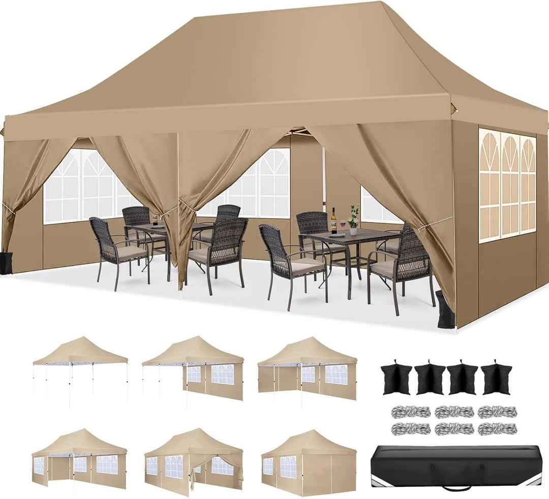 COBIZI Canopy 10x20 Pop Up Canopy Tent with 6 Sidewalls, Waterproof Commercial Canopy Ez Outdoor Instant Gazebo Easy to Set up Event Shelter, Garden Tents for Parties with Sandbags, KH