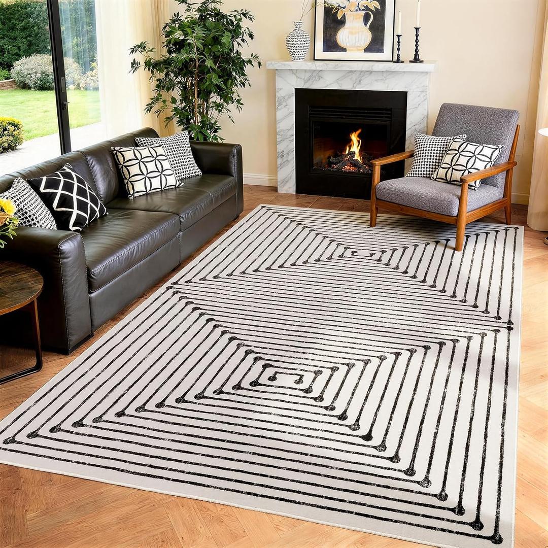 YIHOUSE Washable Black and White Living Room Rug, Modern Striped 6x9 Area Rugs for Dining Room Table Non Slip, Large Farmhouse Geometric Carpet for Bedroom Playroom Home Office Decor