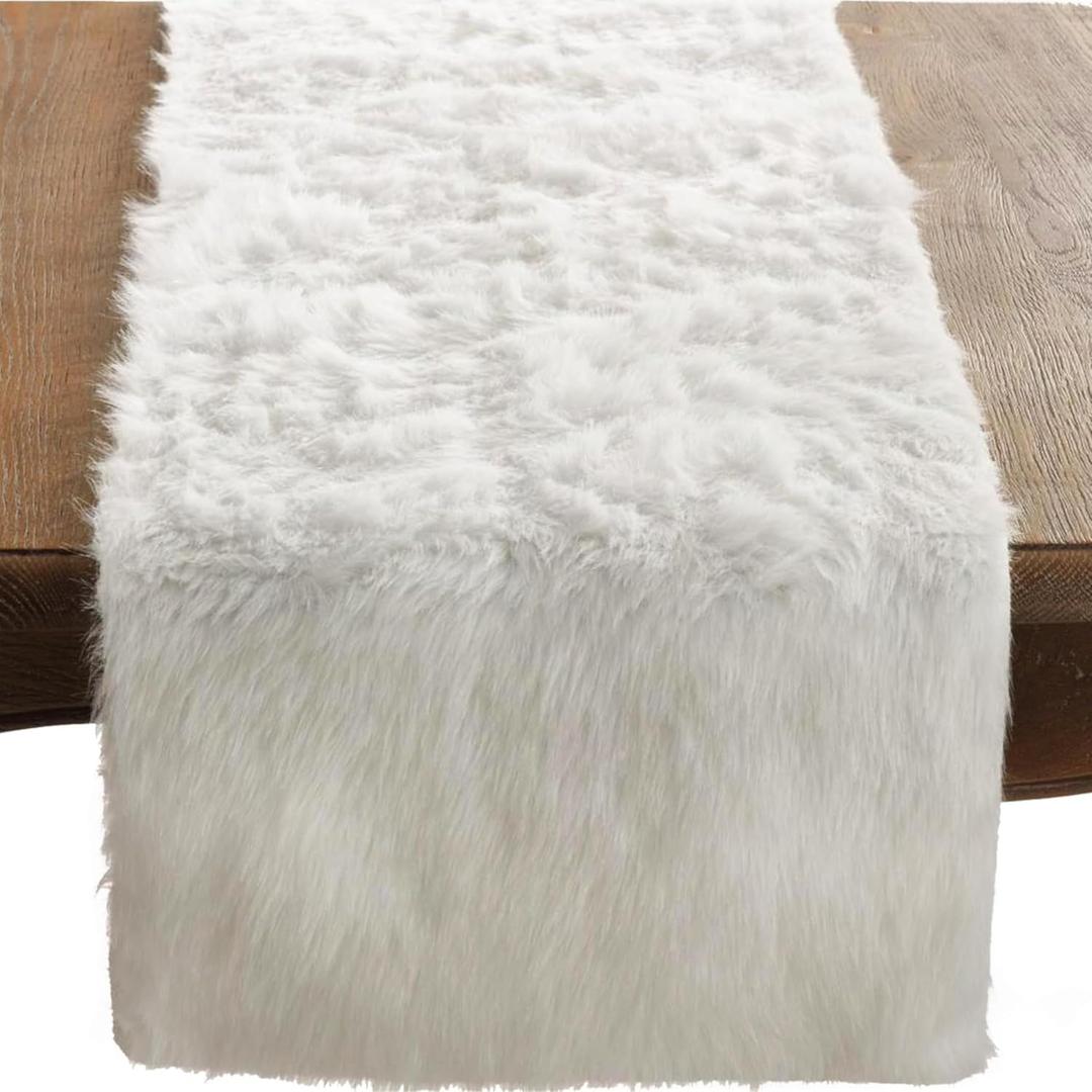 Faux Fur Design Table Runner, 15"x72", White