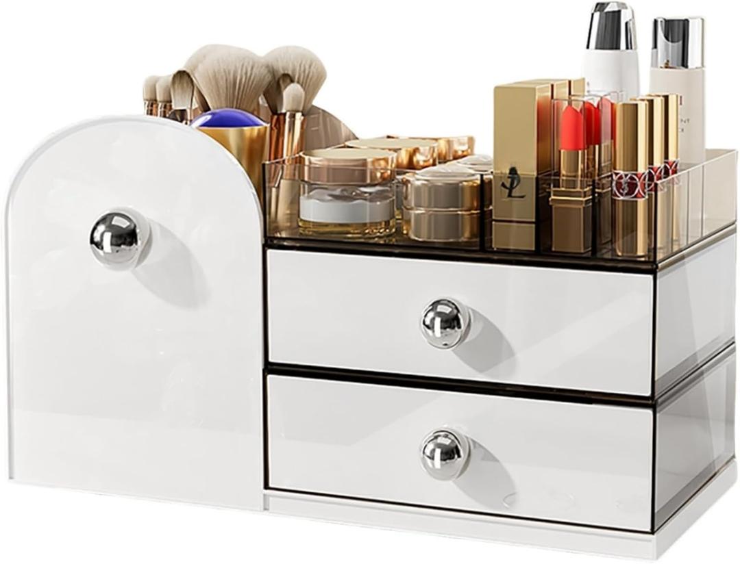 Minimalist Makeup Organizer with Drawers, High-Capacity Skincare & Makeup Brushes Holder, Cosmetic Display Case, Bathroom Countertop Organizer (white)