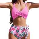 AI'MAGE Womens High Waisted Bikini Sets Tummy Control Swimsuits Two Piece Swim Suits 2025 Crisscross Tie Back Bathing Suits (Large, Pink Floral)