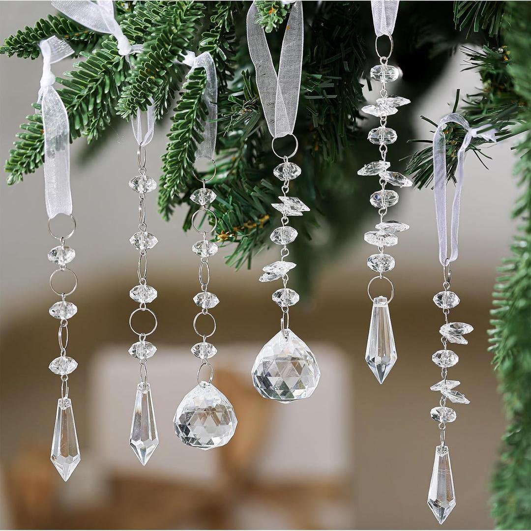 Giegxin 12 Pcs Crystal Ornaments for Christmas Tree Decorations Hanging Clear Acrylic Crystal Diamond Prism Icicle Drop Christmas Ornaments for Xmas Winter Decorations Wonderland Supplies(Elegant)