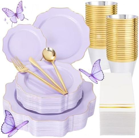 WDF 175Pcs Purple Plates Disposable - Lavender Plastic Plates 25guest Plastic Dinnerware Ideal for Birthday Party/Wedding/Spring/Picnic