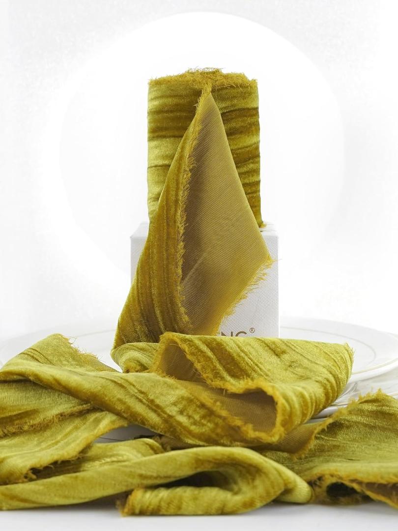 HUIHUANG Gold Velvet Ribbon - 3 Inch Crinkled Fringe, Gold Christmas Velvet Ribbon for Wreaths, Trees, Decor, Flower Bouquets, Gift Wrap, Bows, Wedding & Bridal Showers