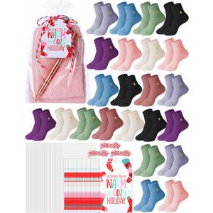 24 Sets Christmas Sock Gifts Holiday Xmas Fluffy Winter Warm Socks Bulk and Colorful Creative Fun Tags and Bags for Women Holiday Party Goodie Bag