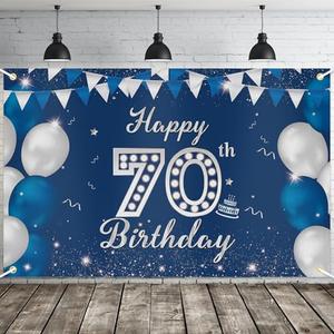 JOYKY Happy 70th Birthday Banner, Blue Silver Happy 70th Birthday Party Decorations for Men Him, 70 Year Old Birthday Supplies Backdrop Décor, 5.9 X 3.8 Fts