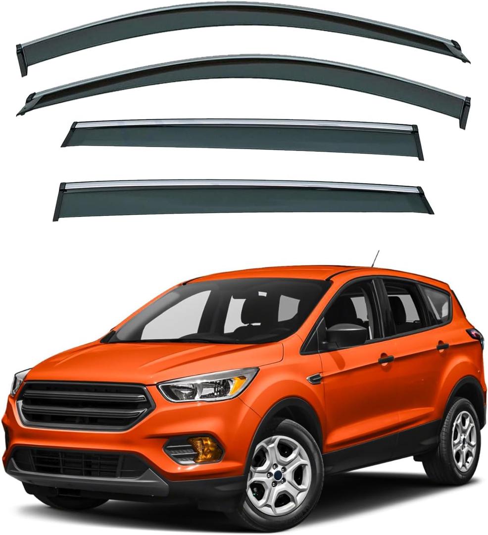 Set of 4 Front+Rear Smoke Tint with Chrome Trim Sun/Rain Guard Outside Mount Tape-On PVC Window Visors Compatible with 13-19 Escape