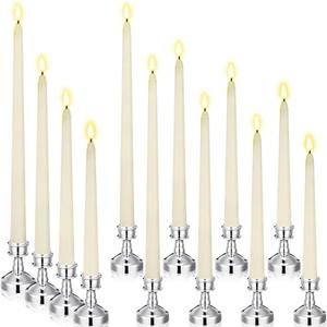Rossesay 12 Pcs Flameless LED Taper Candles with Candlestick Battery Operated 8.5" 9.6" 10.8" 12.8" Flameless Flickering Candlesticks for Christmas Wedding(Silver Holder & Ivory Candles)
