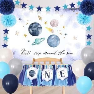 Outer Space ONE High Chair Banner First Trip Around The Sun Party Decorations Space Themed First Birthday Highchair Banner Backdrop Balloons for Boy 1st Birthday Decorations