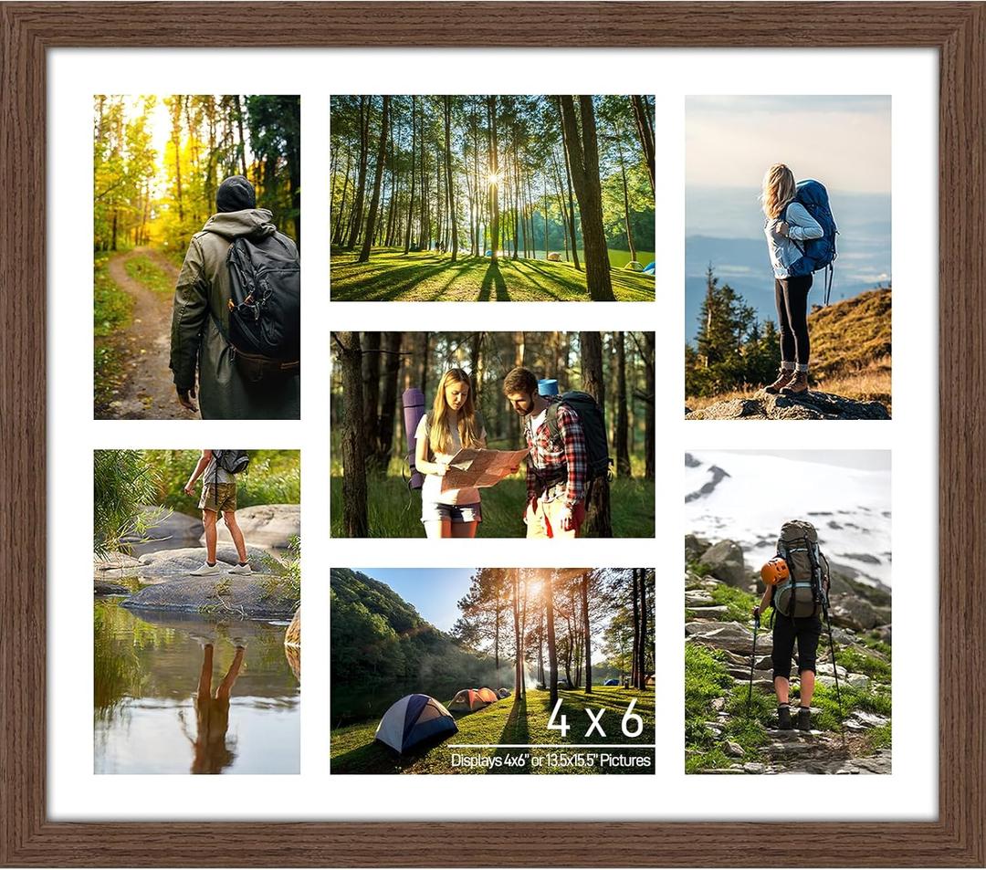 4x6 Picture Frame Collage 7 Openings, 13.5"x15.5" Multi Photo Collage Frame 4"x6" Gallery Wall Decor Wooden, Brown Frame with White Mat, Wood