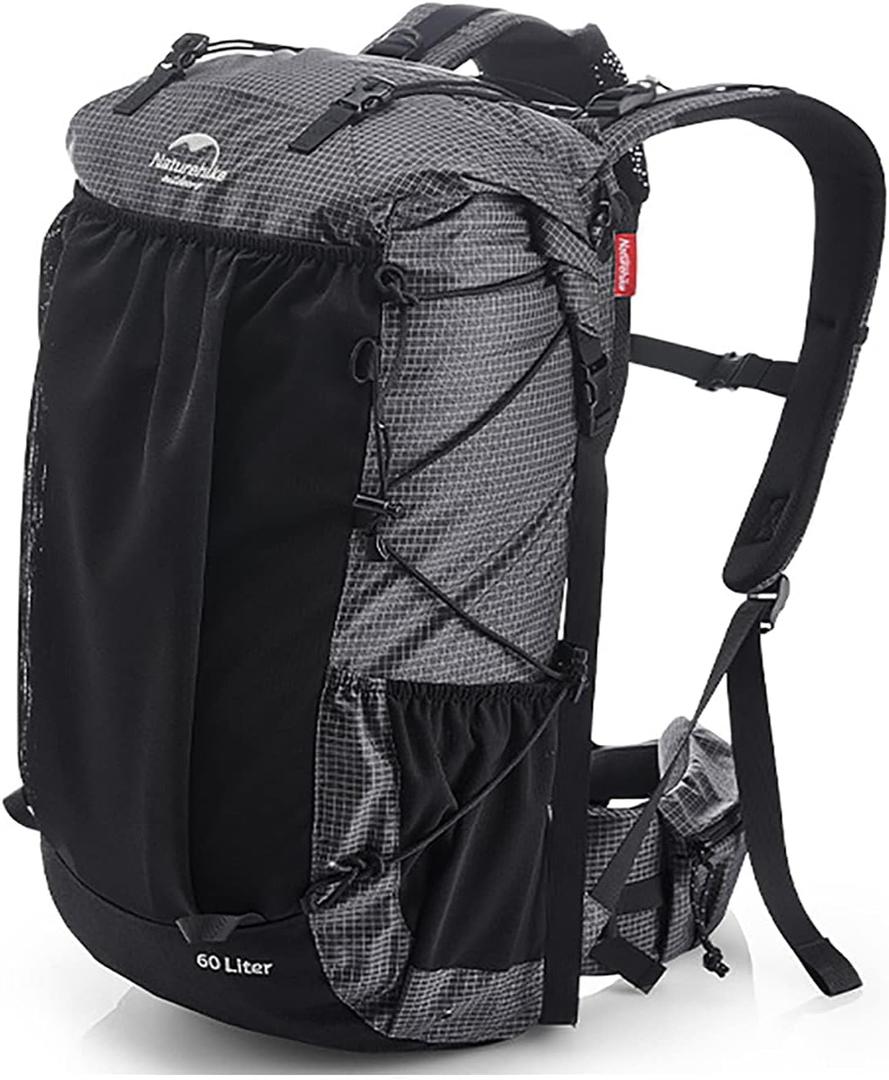Naturehike Hiking Camping Backpack 45L/65L Lightweight Internal Frame with Rain Cover for Backpacking Outdoor Sports ((60+5) L Black, (60+5) L)