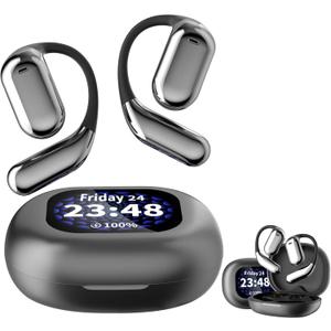 True Wireless Open Ear Earbuds Bluetooth 5.4, Wireless Earbuds, Touch Screen Display, Waterproof Over The Ear Earbuds (Black)