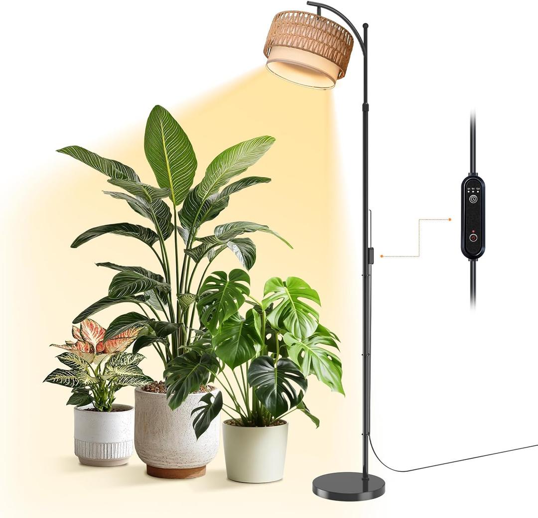 Bstrip 65-72.8 Inches Adjustable Grow Light for Indoor Plants, Boho Rattan & Fabric Shade Standing Grow Lamp, 25W 3000K Full Spectrum LED Plant Light with Auto On/Off Timer
