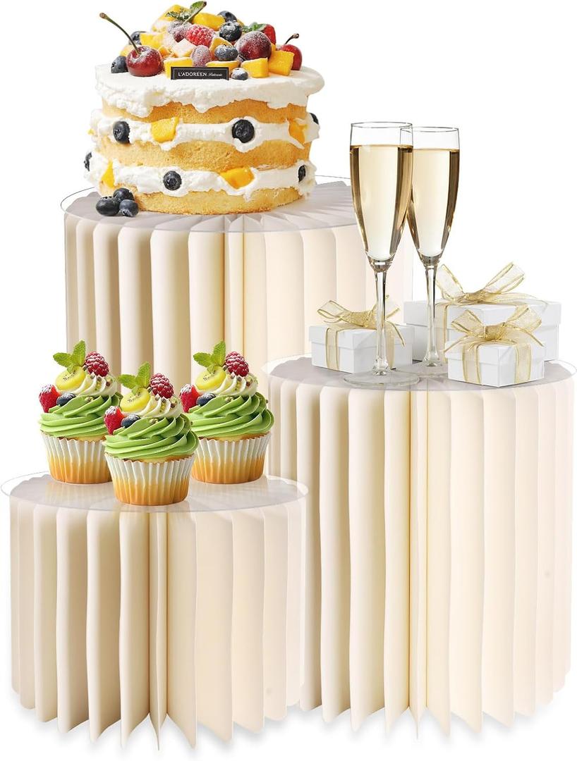 3PCS Cylinder Pedestal Stands for Party with Acrylic Disc, Round Table Centerpiece Cake Pedestal Stand for Parties Foldable Paper Columns Pillars Display for Parties Wedding Birthday Decor 4/3/2