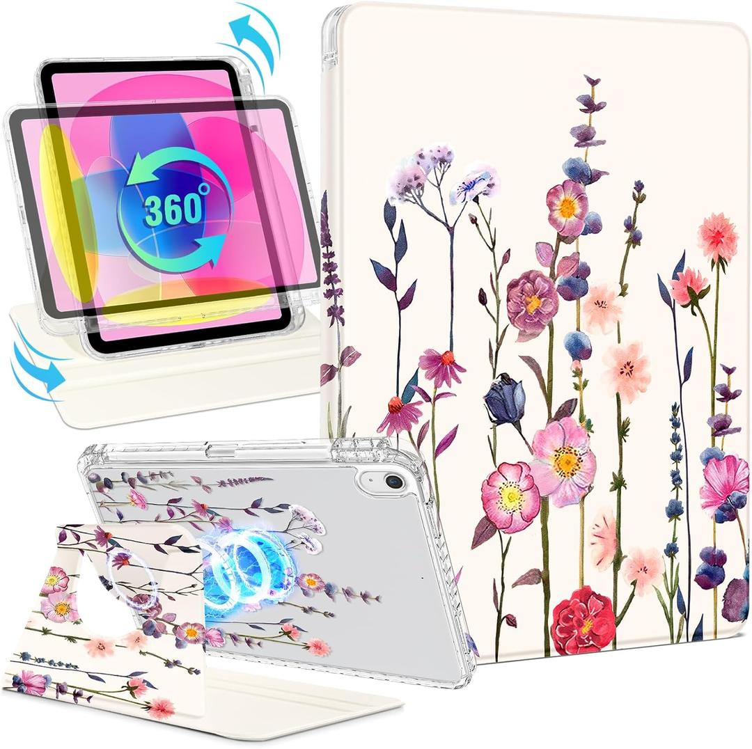 Shorogyt for iPad A16 11th Generation 11 inch 2025 /for i Pad 10th Generation case Magnetic Stand for Women - Cute Design 360 Degree Rotating Covers Girls Girly with Pencil Holder,Little Flower