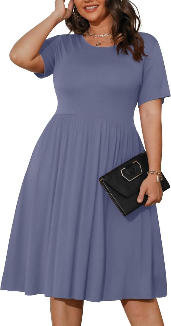 POSESHE Womens Plus Size Summer Dress 2025 Casual Short Sleeve Empire Waist Loose Fit Swing T-Shirt Dress with Pockets (4X-Large Plus, Purple Grey)