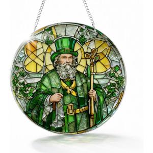 Saint Patrick Window Decor, Round Acrylic Irish Hanging Ornament, St. Patricks Day Shamrock Figure Decoration for Home Indoor Outdoor, Gift for Women Men