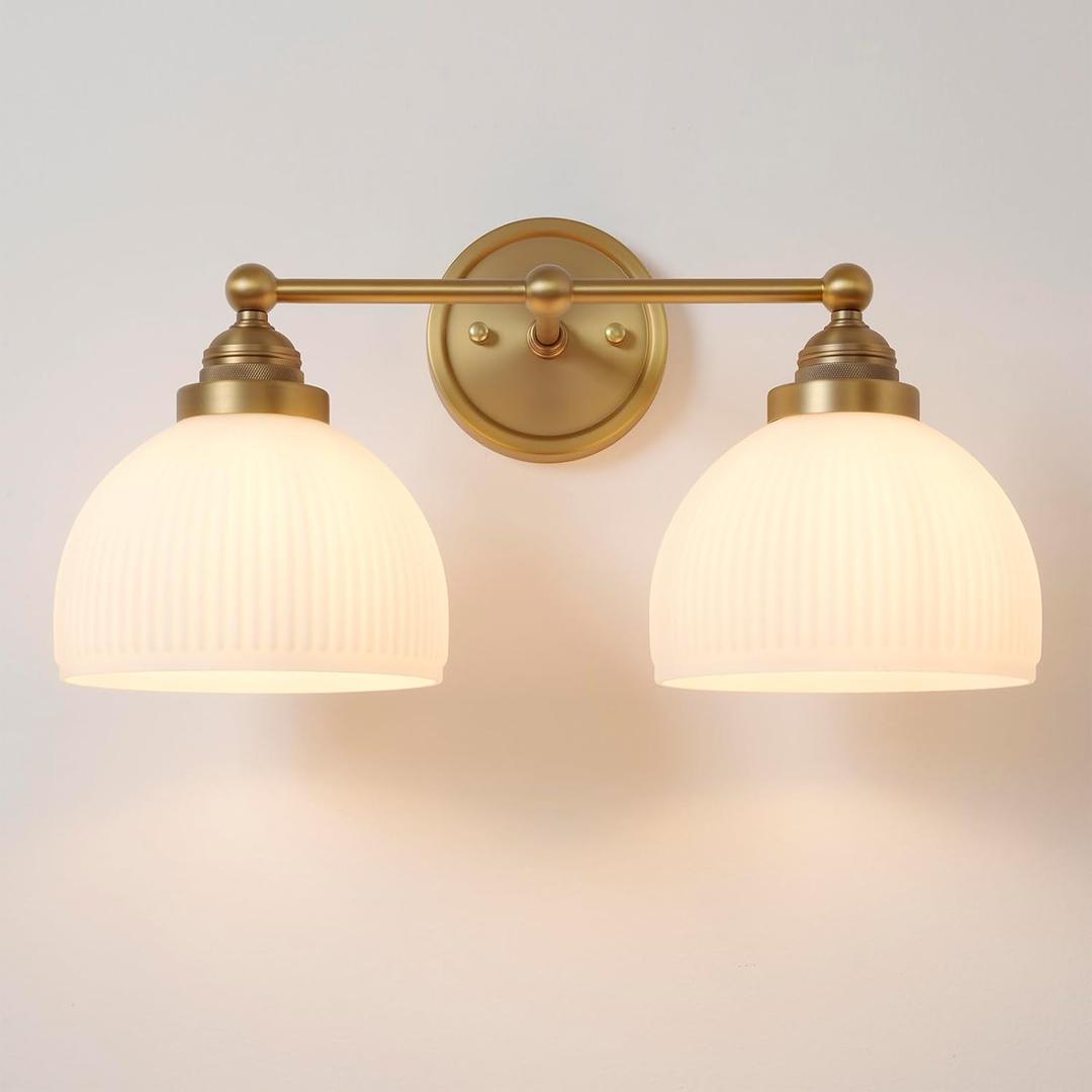2-Lights Milk White Glass Wall Sconce Lighting Brass Finished, Double Arm Bathroom Vanity Light Fixture for Bedroom Living Room Dining Room Hallway (Antique)