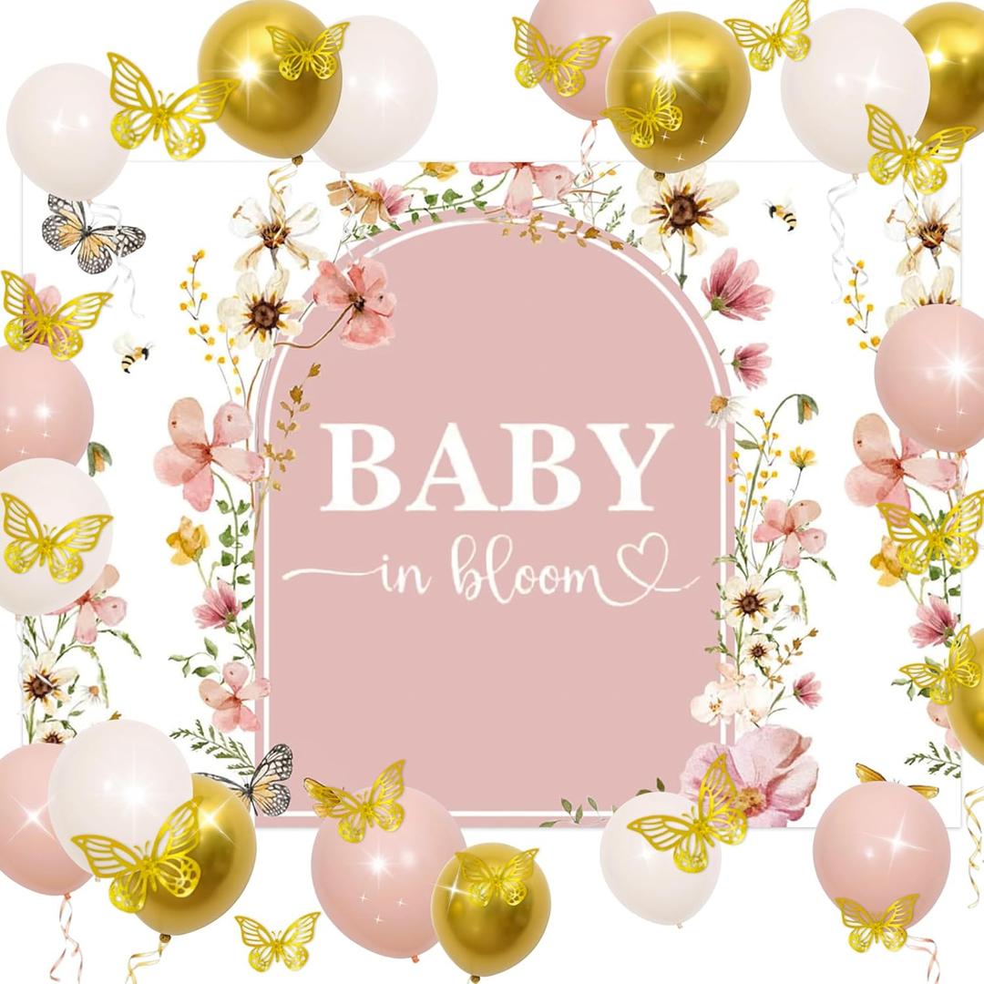Wildflower Baby in Bloom Backdrop Banner Baby Shower Decorations for Girl Pink Floral Baby in Bloom Baby Shower Balloons 3D Butterfly Decor Party Supplies