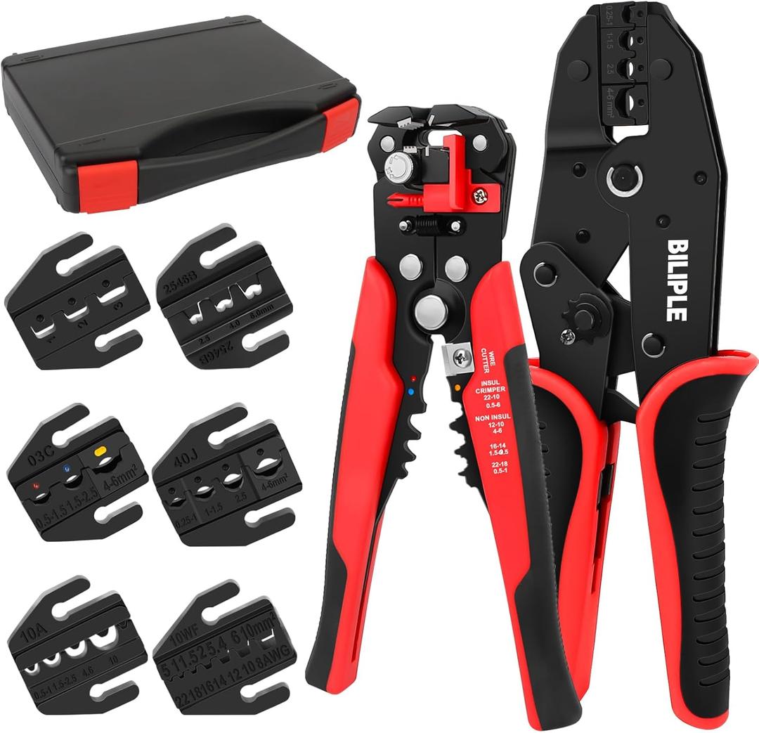 Wire Crimping Tool with Ratchet, 6 in 1 Crimping Tool Kit and Wire Stripper, Ratchet Wire Crimper with 6 PCS Interchangeable Dies for Open Barrel Terminals,Insulated and Non-Insulated Ferrules