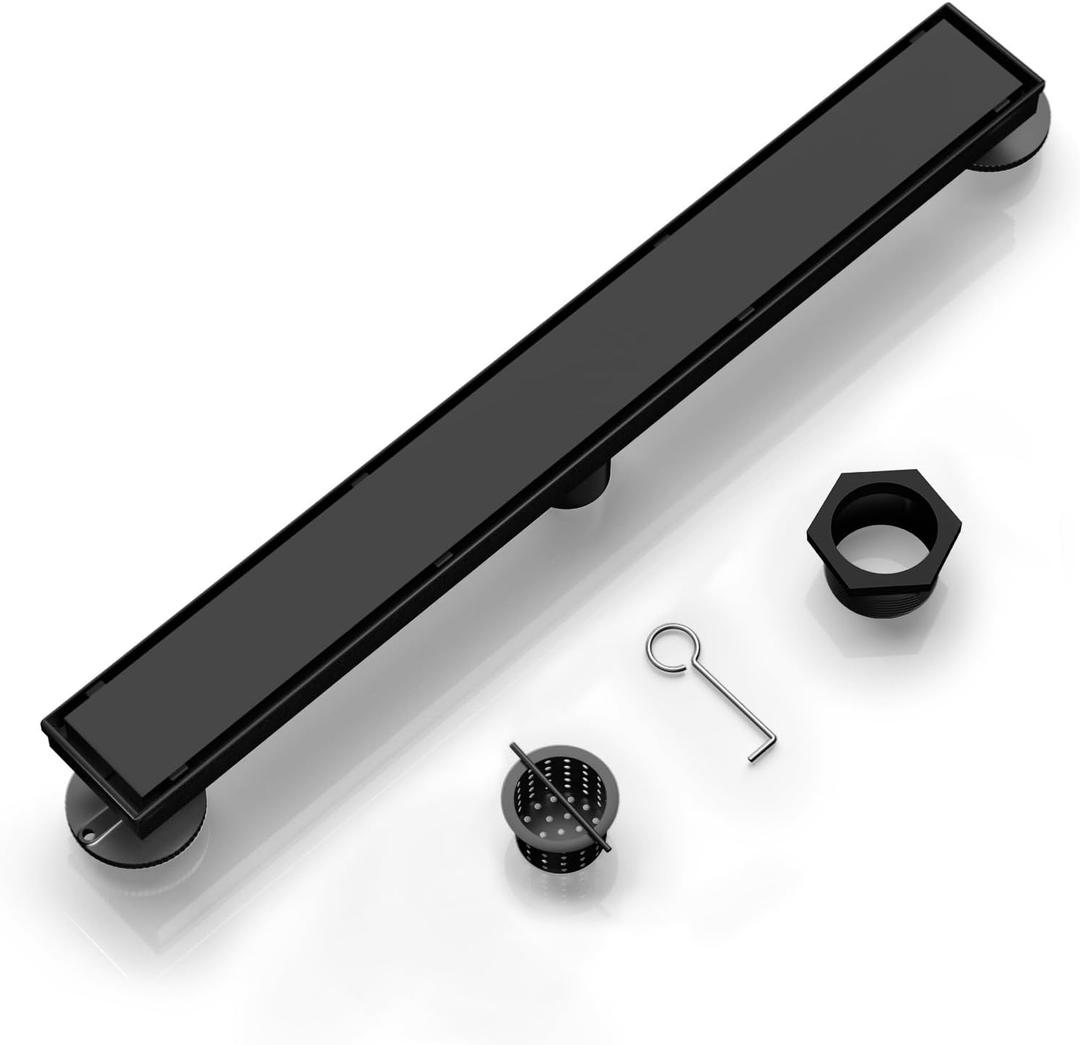 24 Inch Linear Shower Drain Black, Rectangle Shower Floor Drain Reversible 2-in-1 Tile Insert Cover, 304 Stainless Steel Matte Black Linear Drains with Accessories for Tiled Bathroom