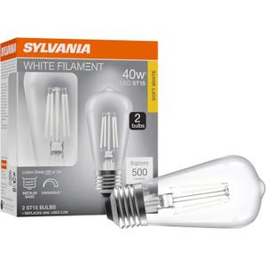 Sylvania ST15 Clear LED White Filament Bulb, 5.5W, Dimmable, 500 LMS, Medium Base, 2700K, Soft White - 2 Pack (42268)