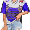 Women's Number Print Mesh Jersey Shirt Color Block V Neck Short Sleeve Football T-Shirt (M)