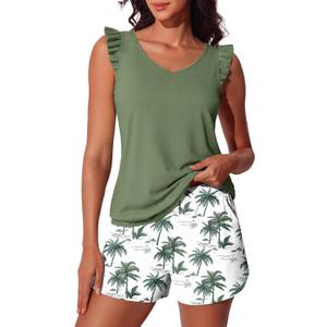 Ruffle Tankini Swimsuits for Women Modest Bathing Suit with Shorts and Pockets High-Back 2026 Swimwear (14, Green Shadow)