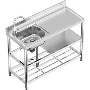 Free Standing Stainless-Steel Single Bowl Commercial Restaurant Kitchen Sink Set w/Faucet & Drainboard, Prep & Utility Washing Hand Basin w/Workbench & Double Storage Shelves Indoor Outdoor (47in)