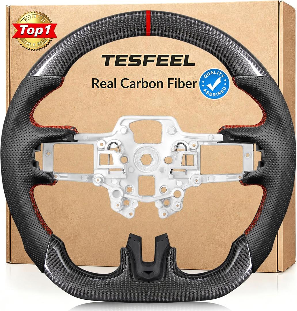 TESFEEL Real Carbon Fiber Steering Wheel for Ford Mustang 2018-2023, D-Shape Flat Bottom, Premium Nappa Leather with Red Stripe & Hand-Stitching, for EcoBoost/GT/Shelby GT350&GT350R