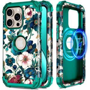 Hekodonk for iPhone 15 Pro Max Case Magnetic,[Compatible with MagSafe] Floral Three Layer Heavy Duty Drop Shockproof Full Protective Women Girls Case for Apple iPhone 15 Pro Max 6.7 inch,Green