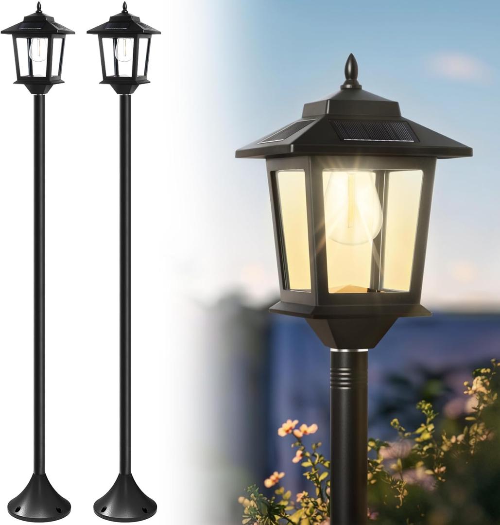 PASAMIC 63" Solar Lamp Post 2Pack, Outdoor Lights Waterproof, Pole Lights Outdoor, Floor Lamp for Patio, Warm White, Replaceable Bulb (Black)