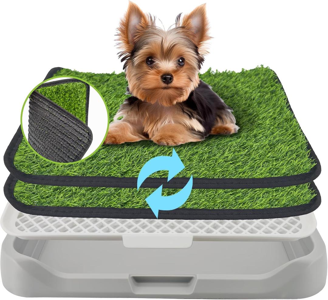 2Pack 18"x14" Artificial Dog Grass Potty Pad with Tray Rubber Backing | Gray Reusable Washable Pee Pad Holder, Portable Non-Slip Training Litter Box for Small Dogs Indoor Potty Training