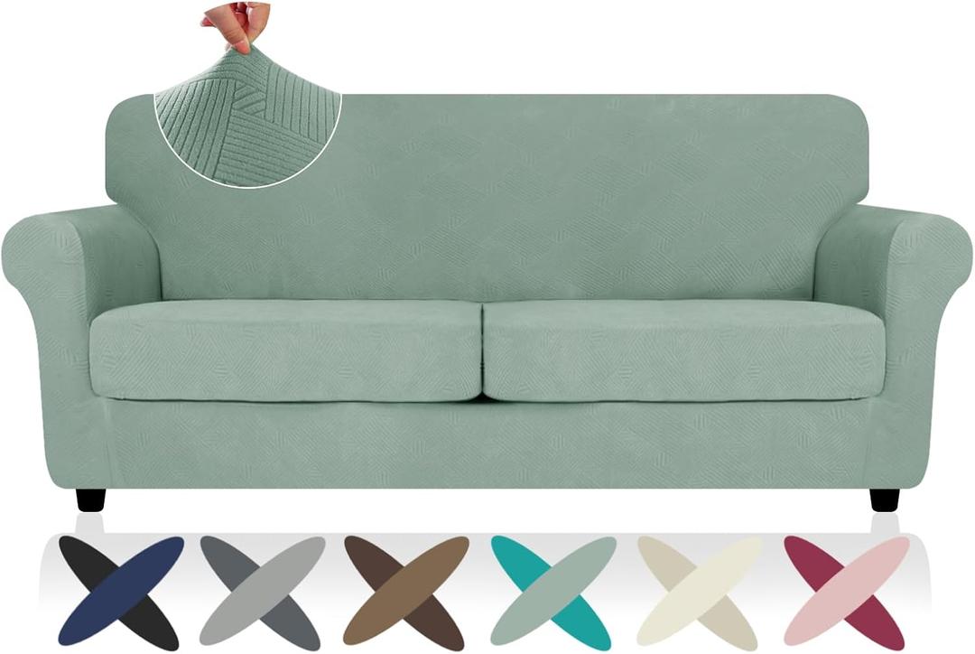 2025 Striped XL-Loveseat Covers 3 Piece, Sofa Covers for 2 Extra Large Cushion, Anti Slip Oversized Slipcovers with Bottom Ties, Thick Durable Washable, Soft Cozy Protector (71"-91", Pea Green)