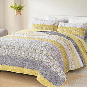 WONGS BEDDING Boho Quilt Set King, Yellow Bohemian Striped Patchwork Bedspread Coverlet Set with 2 Pillowcases,Lightweight Microfiber Floral Bedding Set 104"90"