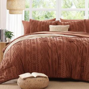 Full Size Comforter Set Autumn Leaf Tufted Boho Bedding Sets 7 Pieces | Farmhouse All Season Bed in a Bag with Comforter, Sheets, Pillowcases & Shams