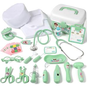 Durable Doctor Kit for Kids, 27 Pcs Deluxe Pretend Play Medical Toy with Real Stethoscope, Doctor Kit for Toddlers Boys Girls Birthday (Green)