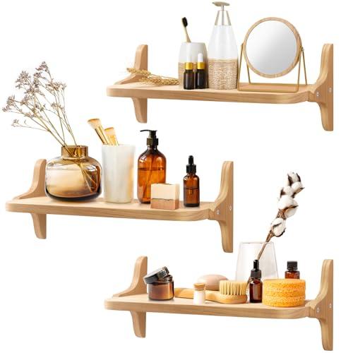 omedecal Wooden Floating Shelves for Wall, 15.7" W x 5" D x 0.6" H Large Wall Shelves, Hanging Storage Shelf with Sturdy Brackets for Living Room, Kitchen, Bathroom, Bedroom Decor, Natural, 3 Packs