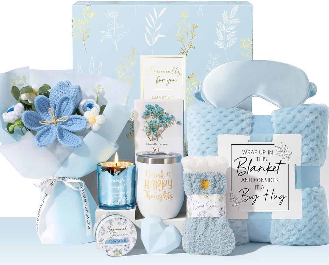 Birthday Gifts for Women Self Care Package Get Well Soon Gift Baskets, Thinking of You Sympathy Spa Gift Set w/ Crochet Flower Bouquet, Unique Easter Gifts Basket for Women Her Wife Girlfriend Mom (Blue - Bergamot Jasmine)