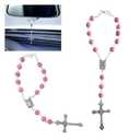 2PCS Pink Rosary Pendant Car Interior Rear View Mirror Charm Auto Decors, Medal and Cross Personalized Hanging Accessories for Women Men (Rose)
