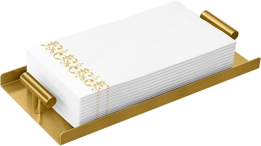 Napkin Holder for Bathroom, Guest Towel Holder Tray for Bathroom, Gold Guest Napkin Holders with T-Handle, Disposable Hand Towel Tray for Guest Room, Table, Kitchen