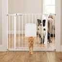 Metal Pet Gate with Cat Door, Adjustable Dog Gate for Doorways & Stairs, Pressure Mounted, Auto-Close, No Tools Needed, 29-45 Inches, White, 29X45 Inches