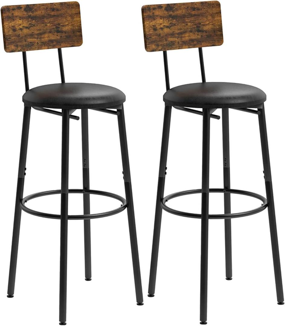 Bar Stools, Set of 2 High Kitchen Barstools, Counter Stools Bar Chairs with Back, PU Soft seat, Footrest, Industrial Seat for Dining Room Kitchen Counter Bar, Rustic Brown, BS-004RBV4