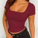 ForeFair Women's Square Neck Going Out Tops Double Lined Short Sleeve Basic Tight Tee Shirts (Red, XS)