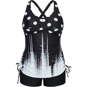 Hanna Nikole Women Plus Size Tankini Swimsuit Two Piece Bathing Suits with Shorts Tie-Side Drawstrings Tankini Swimwear (Black & White)