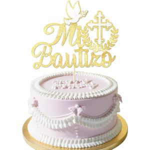 Spanish Mi Bautizo Cake Topper First Holy Communion Cakes Pick Glitter Bless Baptism Cake Decoration Golden Birthday Party Supplies Cross Dove Cakes Deco for Christening Shower Theme Gender Reveal